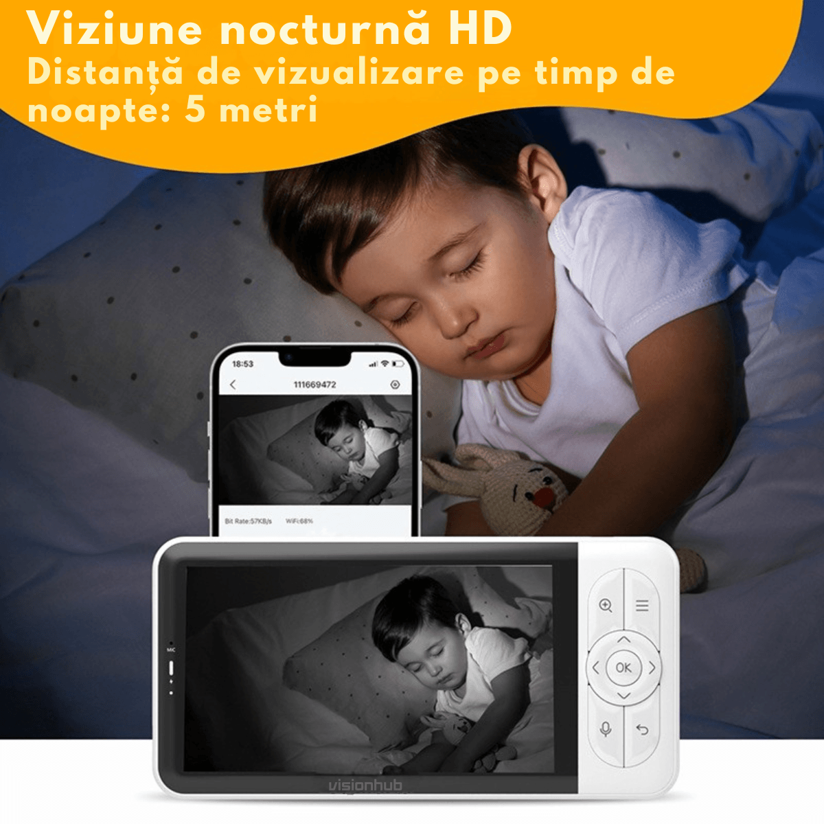 Baby Monitor WiFi 2in1 cu Aplicatie telefon, Camera Audio-Video Multi View, VisionHub®, Ecran UltraHD 1080P de 5inch - 4 | YEO