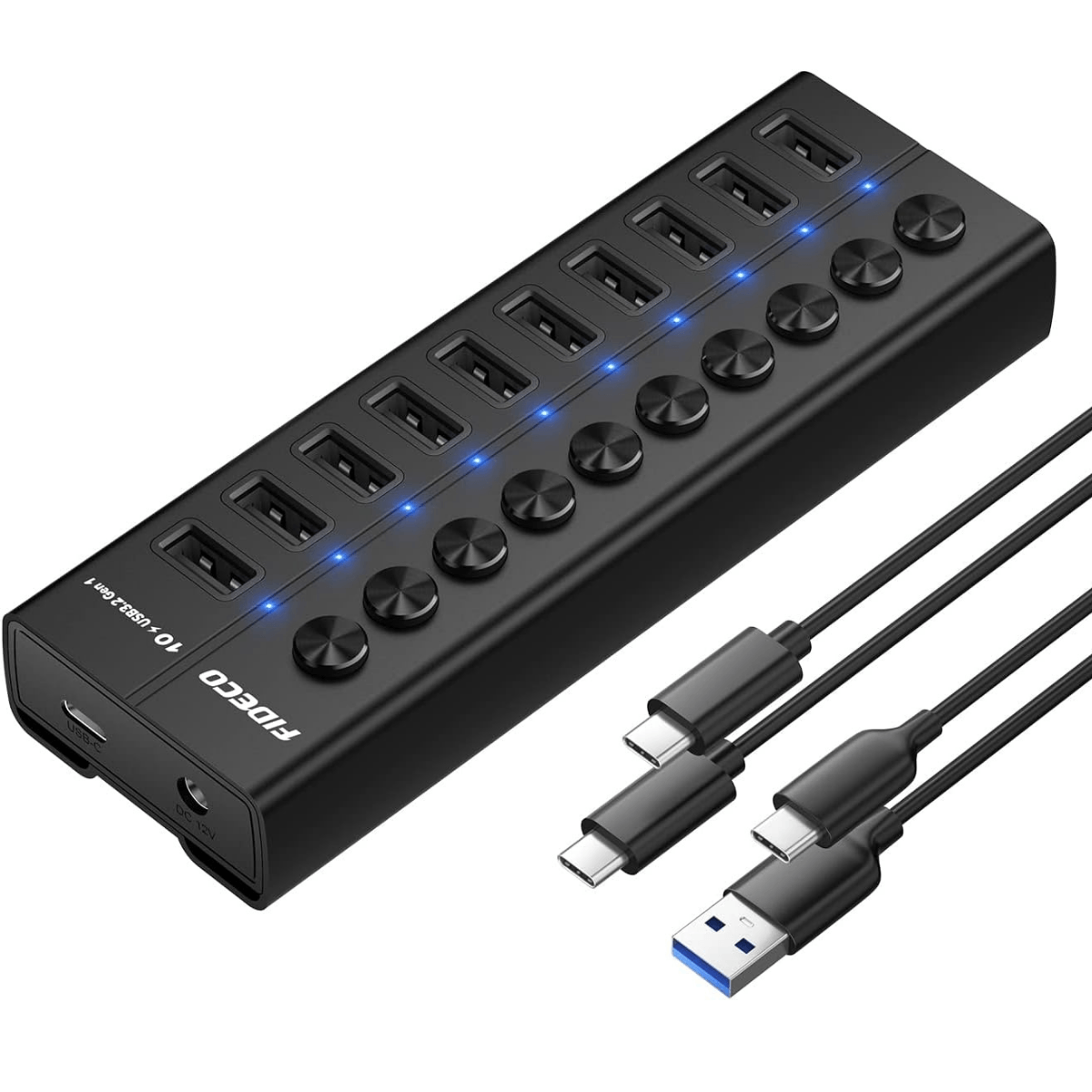 Hub USB 3.2 Gen 1 FIDECO cu 10 Porturi, Viteza 5Gbps, Alimentare 12V/4A, din Aluminiu, Incarcare Rapida BC1.2