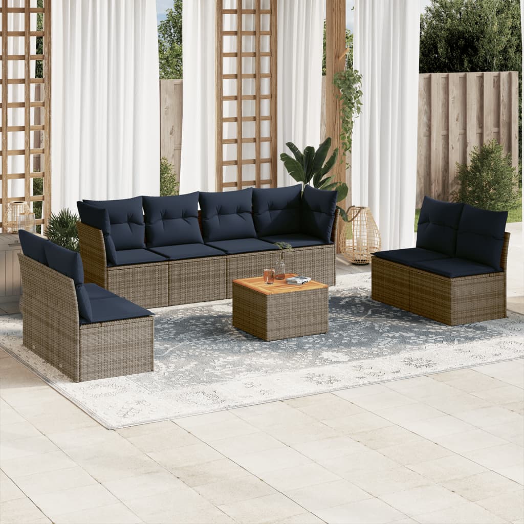 Set canapele de gradina, 9 piese, cu perne, gri, poliratan — imaginea 2
