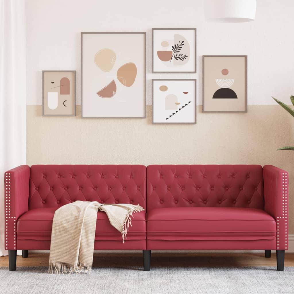 Canapea Chesterfield cu 3 locuri, rosu vin, piele ecologica — imaginea 2