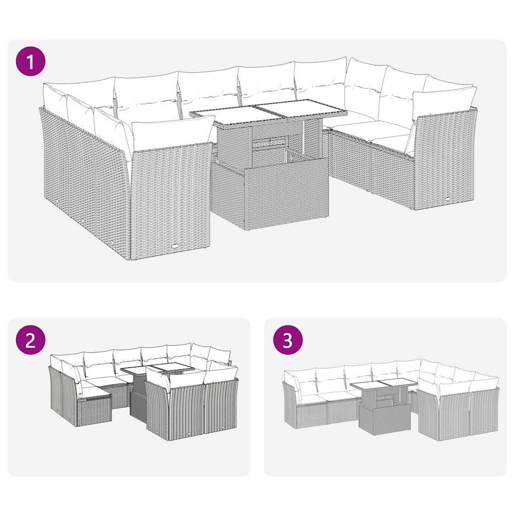 Set mobilier de gradina cu perne, 10 piese, gri, poliratan — imaginea 9