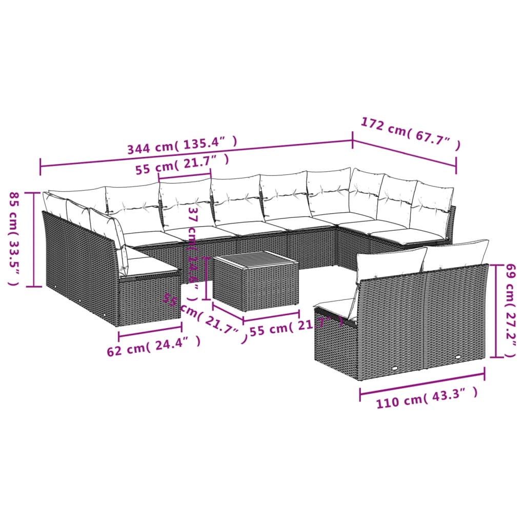 Set mobilier de gradina cu perne, 13 piese, gri, poliratan — imaginea 10