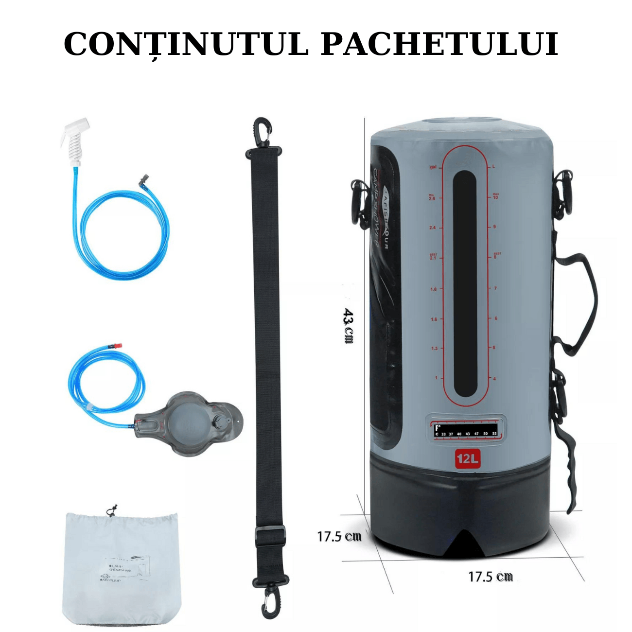 Sac de Dus Portabil pentru Camping/ Soferii de Camion/ Drumetii/ Calatorii, ABY PRODUCTS, Rezervor 12 L, Portabil, Gri - 2 | YEO