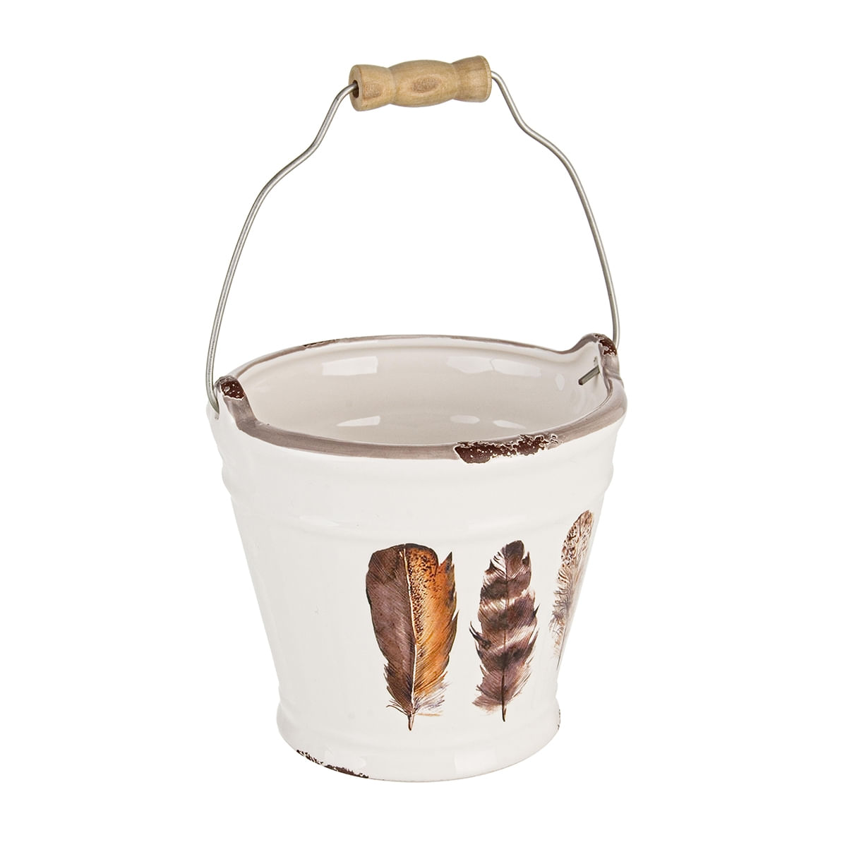 Ghiveci decorativ pentru flori ceramica alba maro 13 cm x 12h — imaginea 2