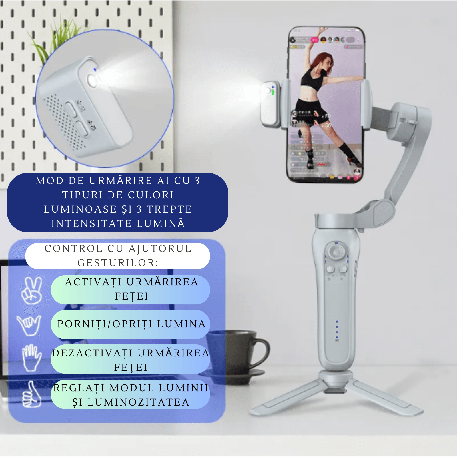 Stabilizator Imagine Profesional, Adsinio, Gimbal cu 3 Axe, 360°, Control prin Gesturi, Auto Face Tracking,