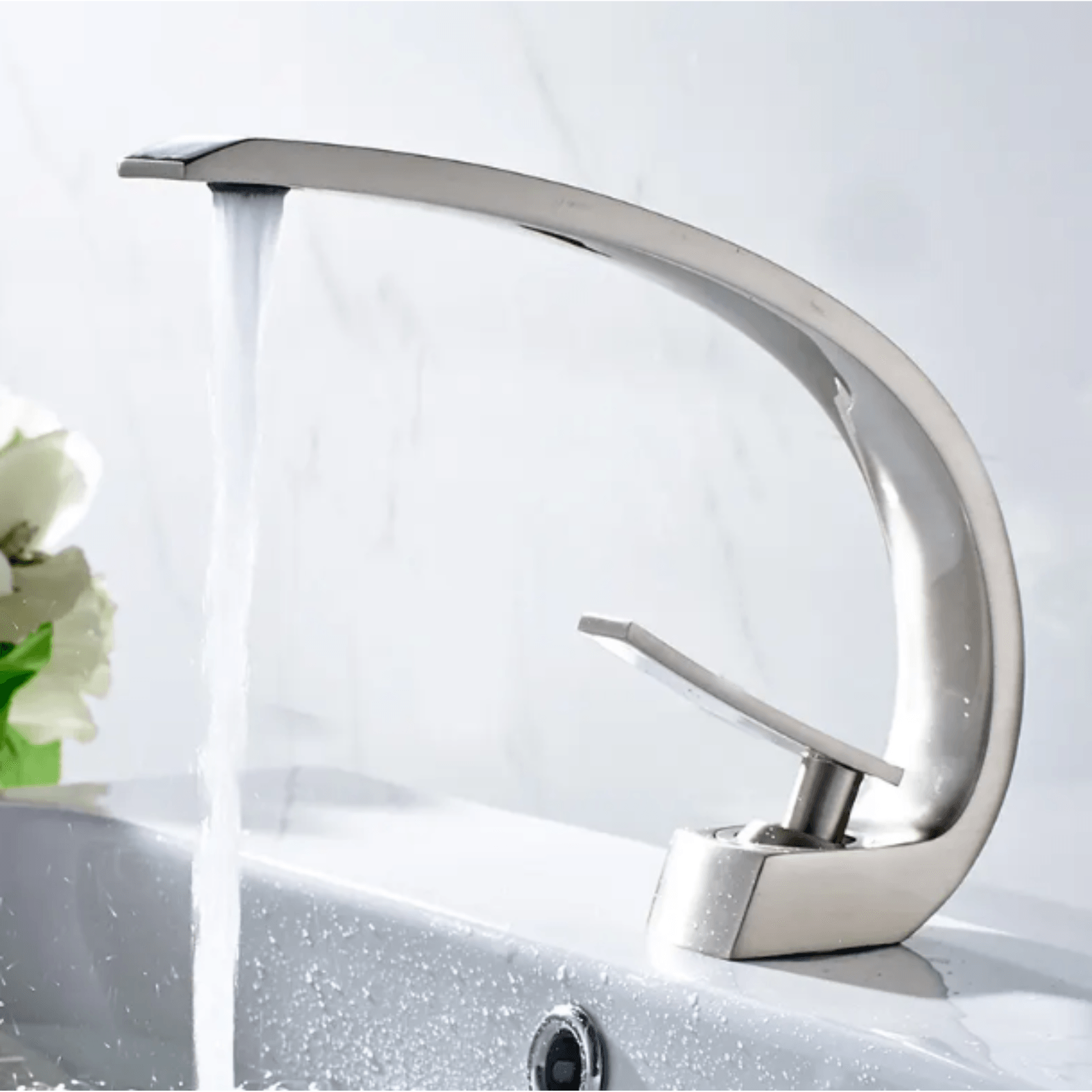 Baterie lavoar, Adsinio, Corp de cupru, Cartus ceramic, Finisaj argintiu, Forma curbata, Aerator de apa, Argintiu — imaginea 5