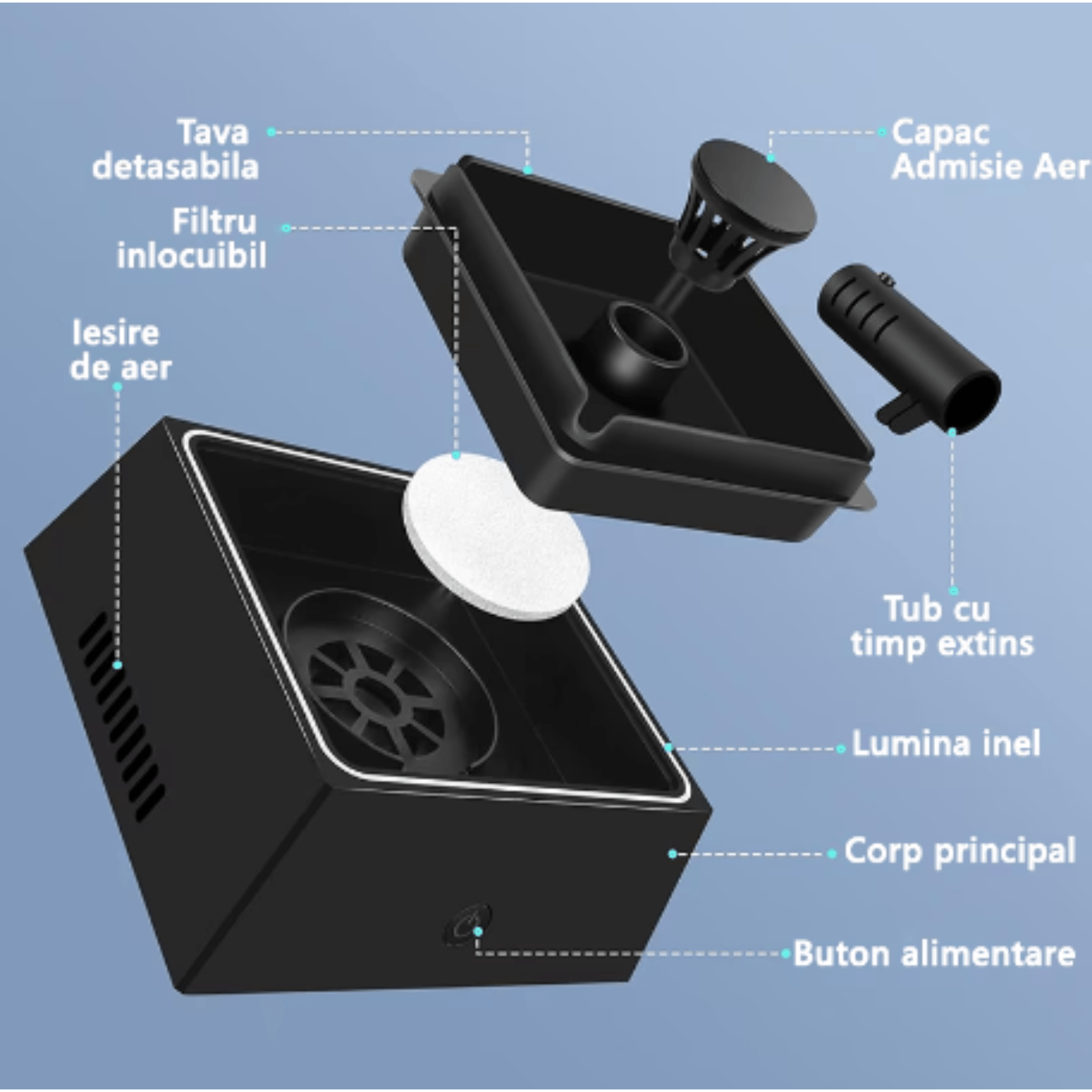 Scrumiera electrica moderna cu aspirare, Adsinio, 2 nivele de absorbtie, Purificator de aer incorporat, Lumina LED,Negru - imagine 9