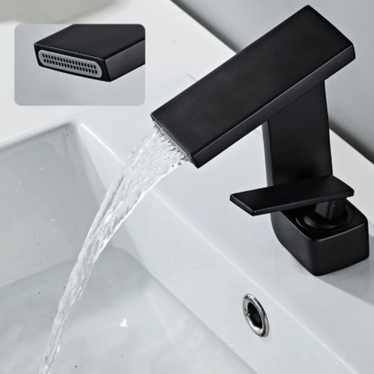 Baterie chiuveta baie, Adsinio, Iesire in cascada, pipa scurta, fixa, monocomanda, Negru Mat — imaginea 4