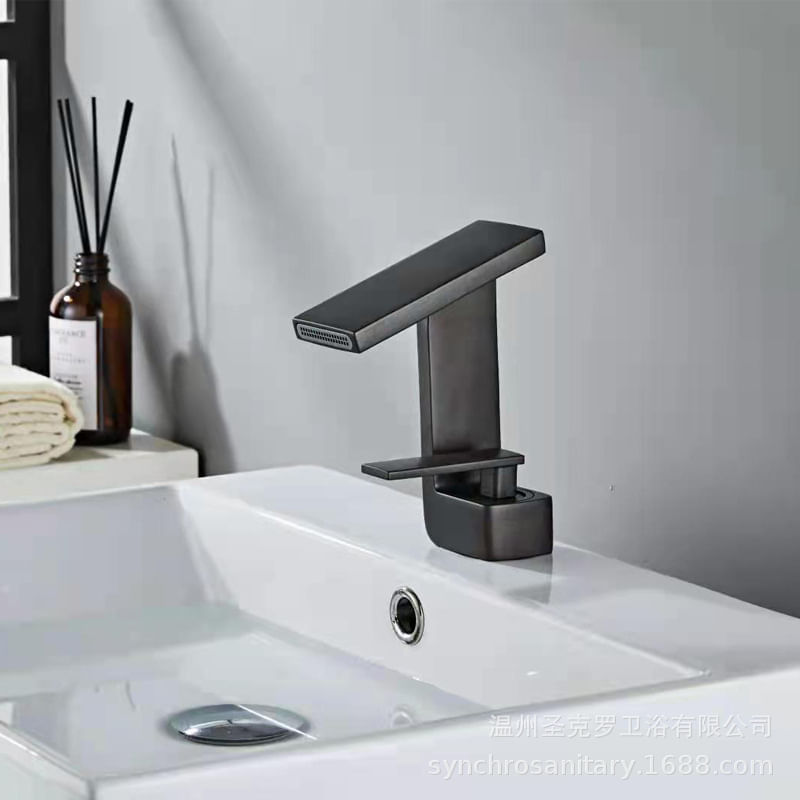 Baterie chiuveta baie, Adsinio, Iesire in cascada, pipa scurta, fixa, monocomanda, Negru Mat — imaginea 5