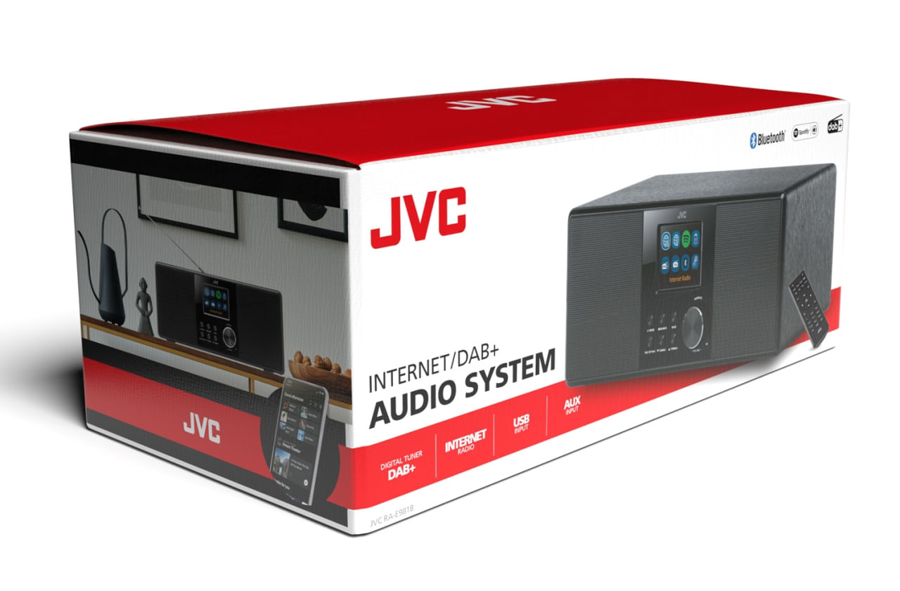 Radio internet JVC RA-E981B, 10W RMS, tuner DAB+/FM, Bluetooth, LCD 2.8”, WiFi, Spotifiy, telecomanda, USB, AUX, negru