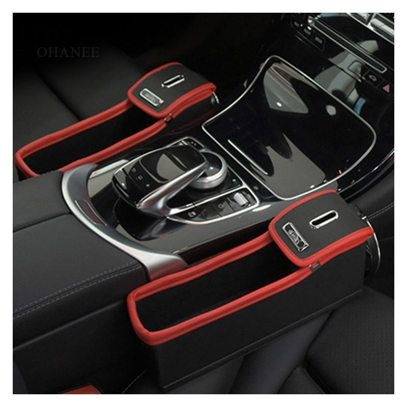 Cutie Organizatoare Scaun Auto Techstar®, Cusatura din Piele, Cusatura Rosie, Depozitare Obiecte, Stanga