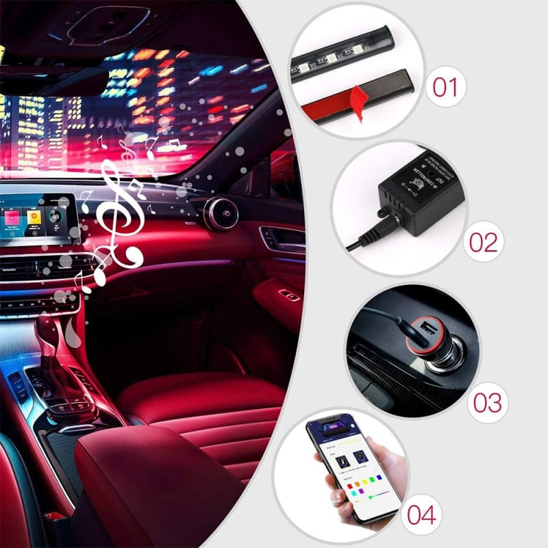 Benzi Led Auto Techstar®, MultiColore, RGB, 12 Leduri x 4 Benzi, Control Aplicatie, Bluetooth, Android - imagine 5