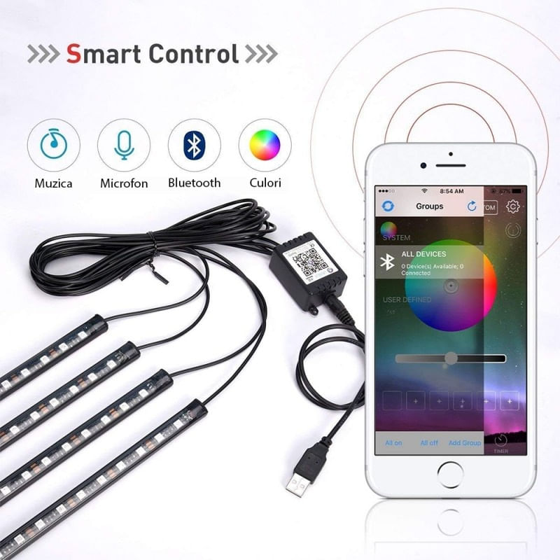 Benzi Led Auto Techstar®, MultiColore, RGB, 12 Leduri x 4 Benzi, Control Aplicatie, Bluetooth, Android - imagine 6