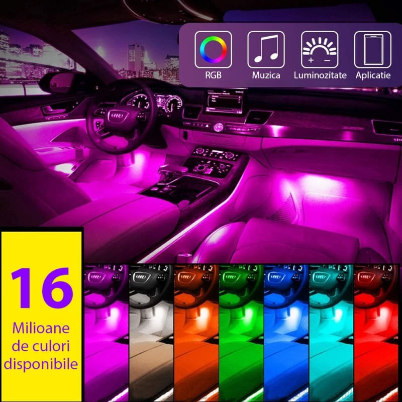 Benzi Led Auto Techstar®, MultiColore, RGB, 12 Leduri x 4 Benzi, Control Aplicatie, Bluetooth, Android - imagine 7