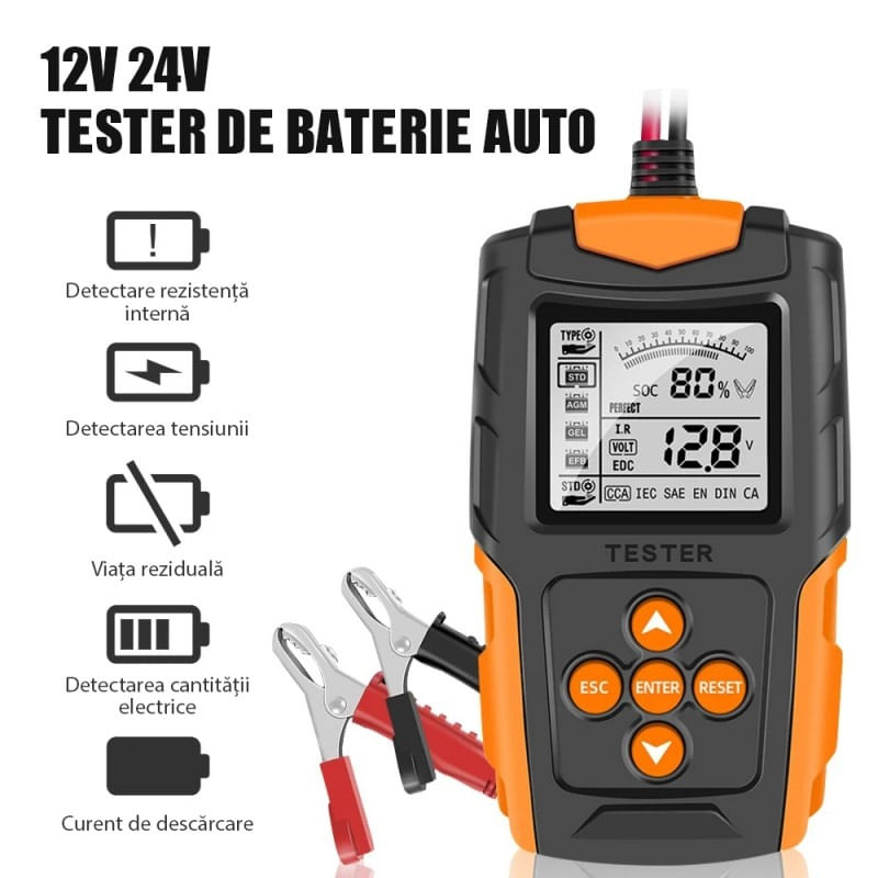 Tester de baterie auto Techstar® FBT-200, 12V/24V, 100-2000 CCA, 3Ah - 200Ah, analizor digital baterie pentru masini - imagine 7