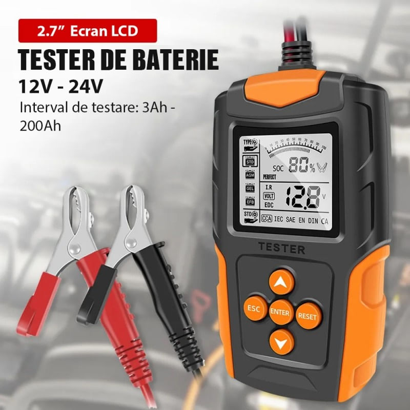 Tester de baterie auto Techstar® FBT-200, 12V/24V, 100-2000 CCA, 3Ah - 200Ah, analizor digital baterie pentru masini - imagine 10
