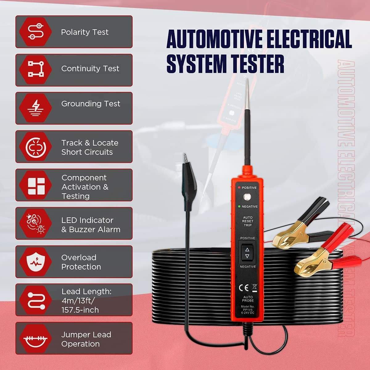 Tester Multifunctional Techstar® Portabil pentru Circuite Auto 6V-24V DC cu Cablu de 5 metri, Protectie la Suprasarcina - imagine 6