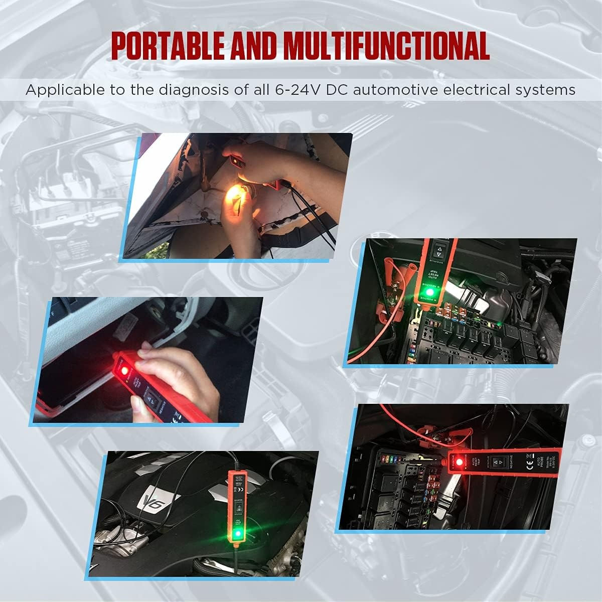 Tester Multifunctional Techstar® Portabil pentru Circuite Auto 6V-24V DC cu Cablu de 5 metri, Protectie la Suprasarcina
