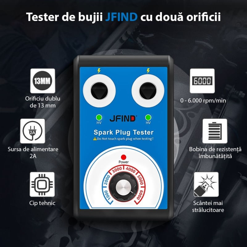 Tester de bujii auto JFIND B0198-1, analiza de aprindere a masinii pe benzina 12V, reglabil cu doua orificii, 6000 rpm - 4 | YEO
