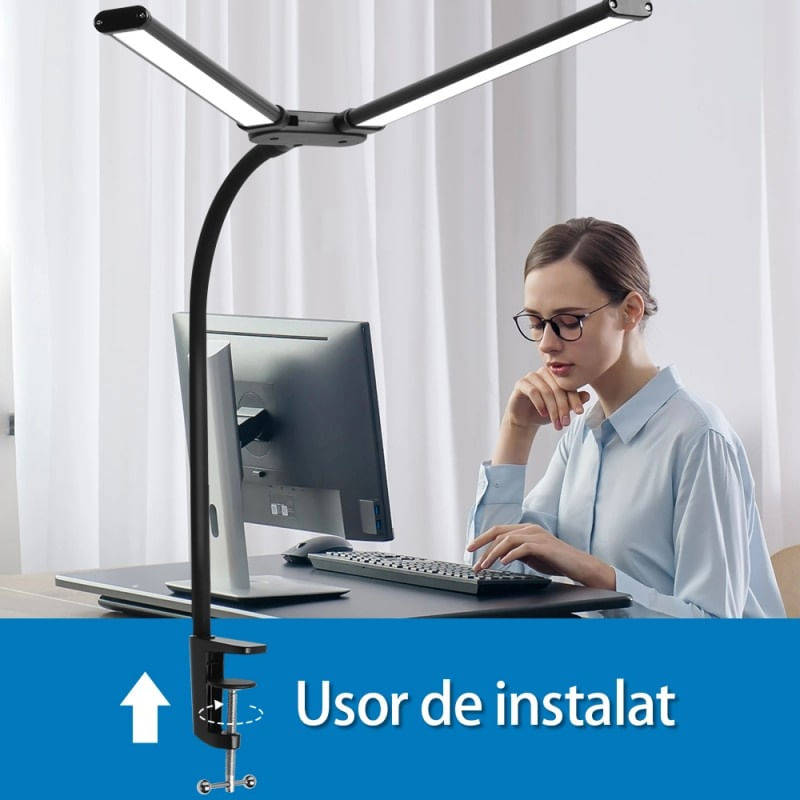 Lampa LED de birou cu clema si doua capete, Techstar® TD001, Putere 24W, USB, Reglabila la 360°, 10 niveluri - 4 | YEO
