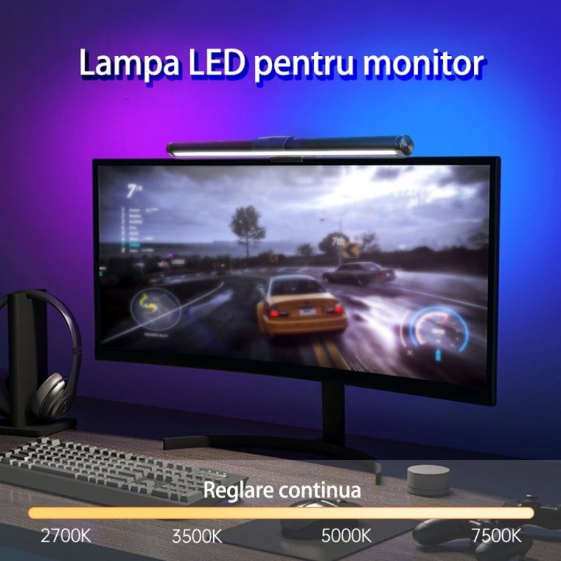 Lampa LED pentru monitor, Techstar® PMGD001, Putere 5W, USB, Control tactil, ambient RGB, Temperatura culoare - 3 | YEO