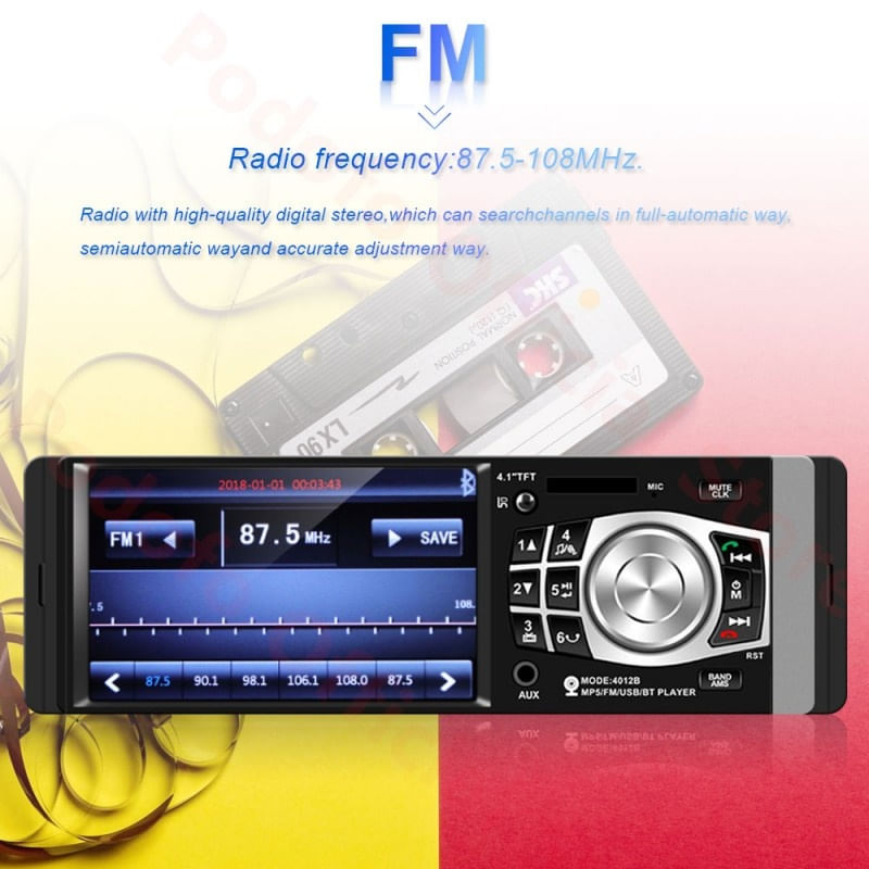 MP5 Player Techstar® 4012B, 1DIN, Ecran HD 4.1 inch, Comenzi Volan, Telecomanda, Bluetooth, USB, Negru - 4 | YEO