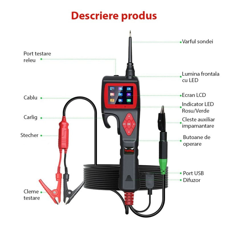 Instrument de diagnosticare inteligent pentru circuite electrice TopDiag P200, 12-24V, 18A, Afisaj LCD, pentru auto - 4 | YEO