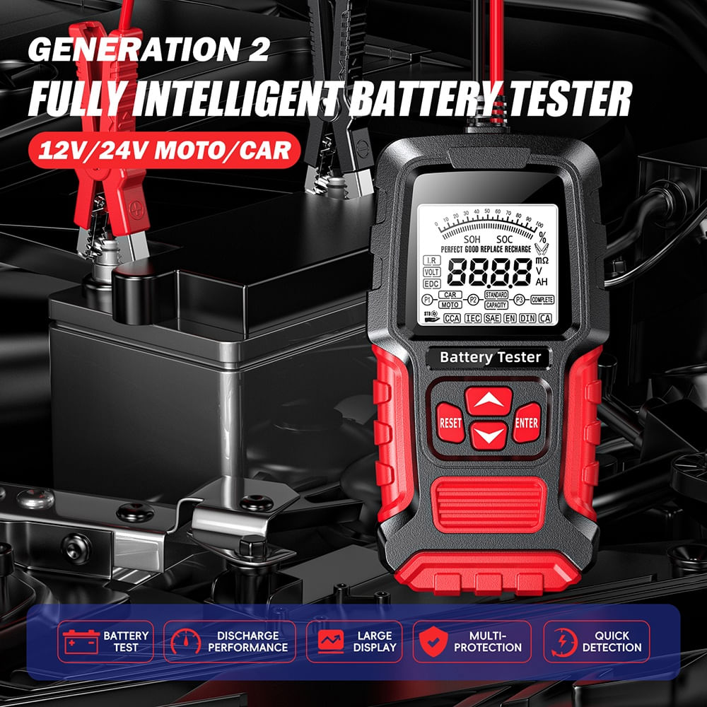 Tester Inteligent de Baterii Foxsur FBT-300, 12V/24V, pentru Auto si Motociclete, cu Ecran LCD 2.7