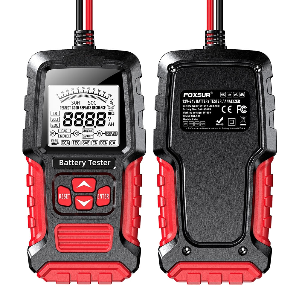 Tester Inteligent de Baterii Foxsur FBT-300, 12V/24V, pentru Auto si Motociclete, cu Ecran LCD 2.7