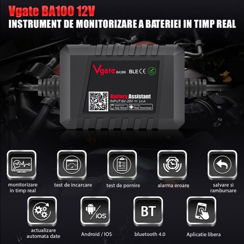 Tester Bluetooth pentru monitorizare a bateriei auto Vgate BA100 6V-20V compatibil IOS / Android - 4 | YEO