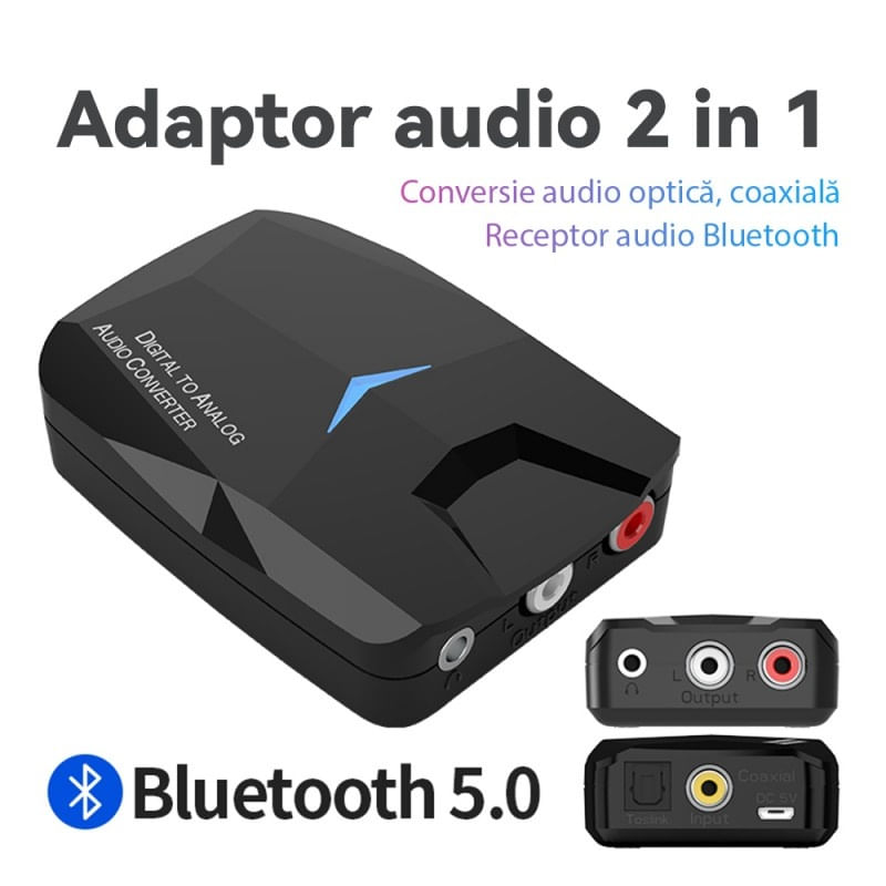 Convertor Audio Digital la Analog Techstar® M24, Compatibil Bluetooth 5.0, Cablu audio optic la RCA, Negru