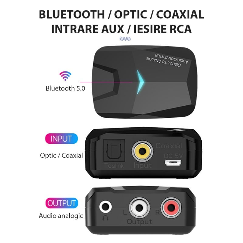 Convertor Audio Digital la Analog Techstar® M24, Compatibil Bluetooth 5.0, Cablu audio optic la RCA, Negru - 2 | YEO