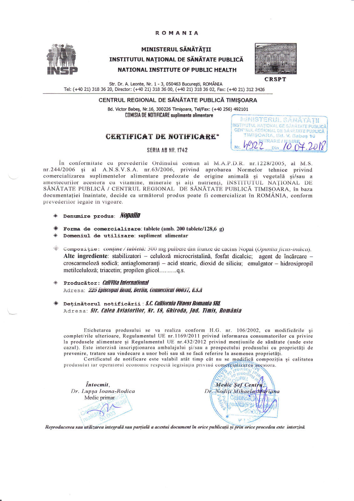 Nopalin CaliVita (200 tablete) supliment alimentar care da senzatie de satietate pentru curele de slabire