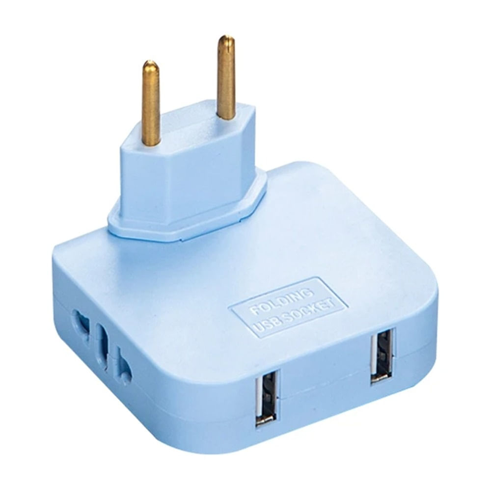 Adaptor Triplu Rotativ 180° cu 2 Prize si 2 Porturi USB Techstar®, 2500W, Albastru - Ideal pentru Spatii Inguste