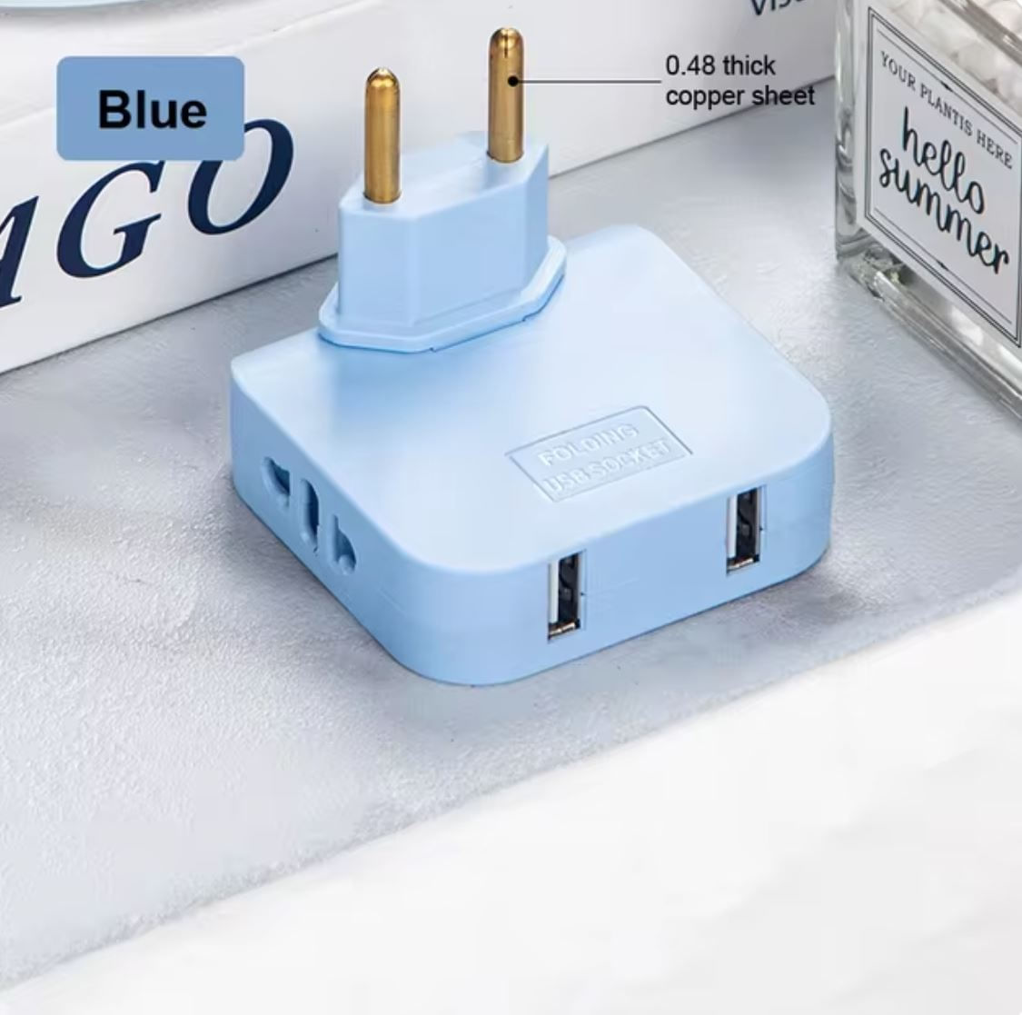 Adaptor Triplu Rotativ 180° cu 2 Prize si 2 Porturi USB Techstar®, 2500W, Albastru - Ideal pentru Spatii Inguste - 4 | YEO