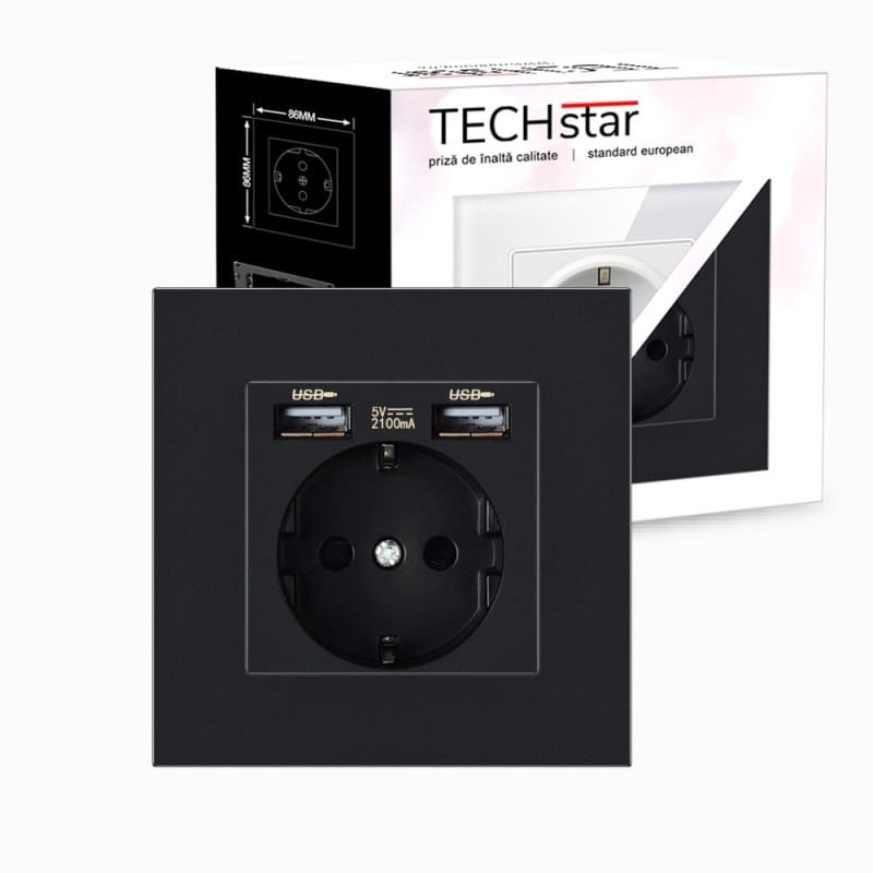 Priza Techstar® PCU1, Simpla, 2 x USB, 2.1 A, Policarbonat, 16A - 1 | YEO