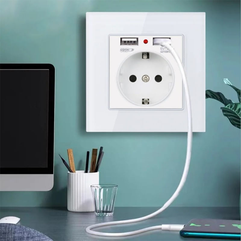 Priza de Perete cu 2 Porturi USB Techstar® TS-PC, 110-250V, 16A, Ignifuga, 86x86mm, Auriu - 1 | YEO