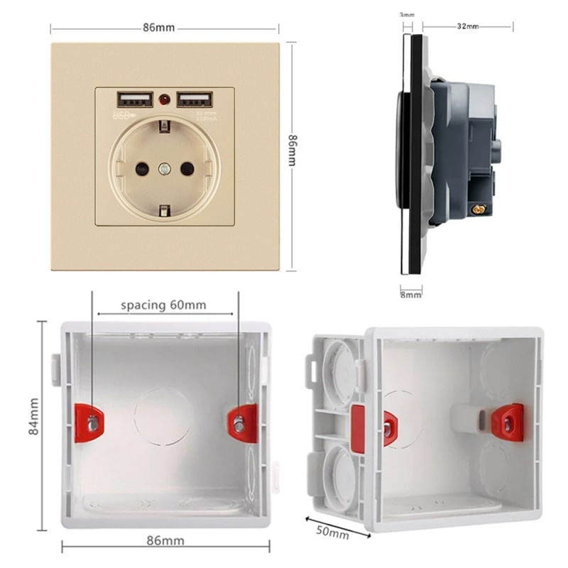 Priza de Perete cu 2 Porturi USB Techstar® TS-PC, 110-250V, 16A, Ignifuga, 86x86mm, Auriu - 3 | YEO
