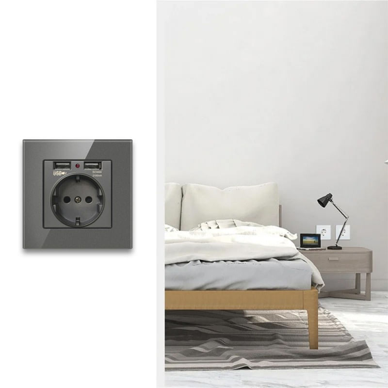 Priza de Perete cu 2 Porturi USB si Rama din Sticla Techstar® TS-GL, 110-250V, 16A, Ignifuga, 86x86mm - 3 | YEO