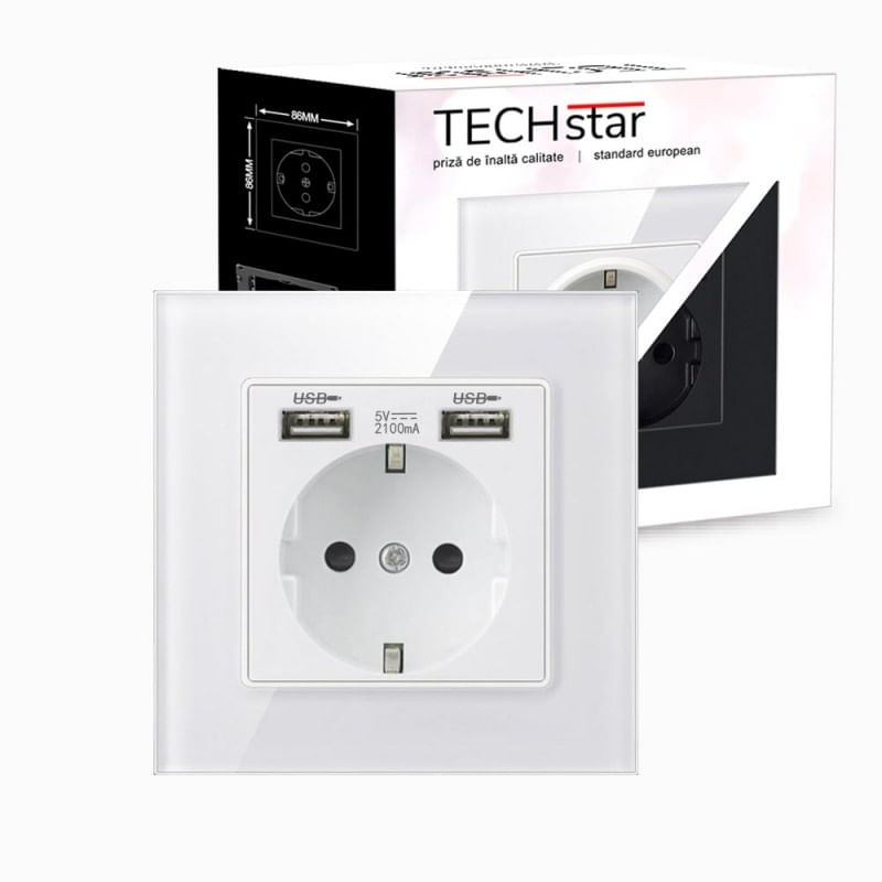 Priza Techstar® Crystal TSU1, Simpla, 2 x USB, 2.1A, Sticla Securizata, 16A - 2 | YEO