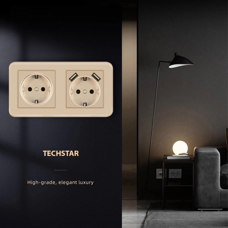 Priza Dubla De Perete cu 2 Porturi USB Techstar® TS-PC, 110-250V, 16A, Ignifuga, 80x151mm