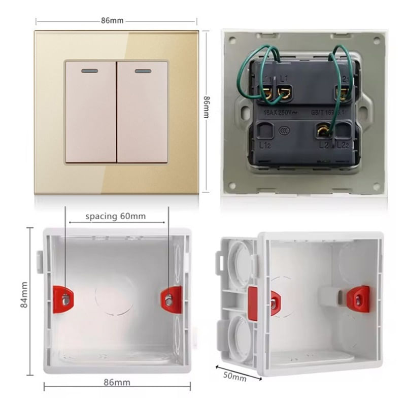 Intrerupator Dublu Cap Scara Cu Panou Din Sticla Securizata Techstar® TGS 01, 220V, 16A, 86 X 86 Mm, Auriu, cu 2 Module