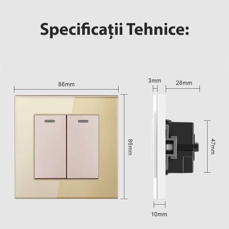 Intrerupator Dublu Cap Scara Cu Panou Din Sticla Securizata Techstar® TGS 01, 220V, 16A, 86 X 86 Mm, Auriu, cu 2 Module - 3 | YEO