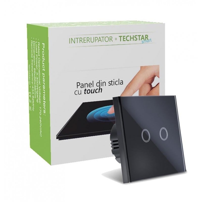 Intrerupator Touch Techstar®, Sticla Securizata, Design Modern, Iluminare LED, 2 Faze, Negru - 3 | YEO