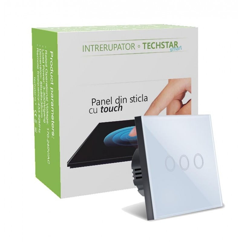 Intrerupator Touch Techstar®, Sticla Securizata, Design Modern, Iluminare LED, 3 Faze, Alb