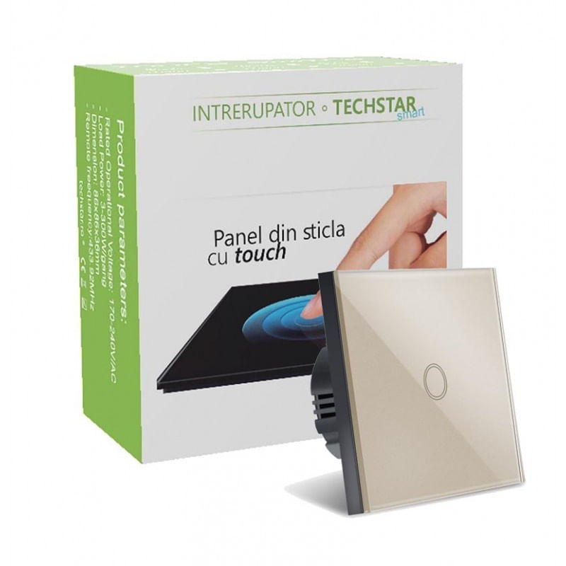 Intrerupator Touch Techstar®, Sticla Securizata, Design Modern, Iluminare LED, 1 Faza, Gold