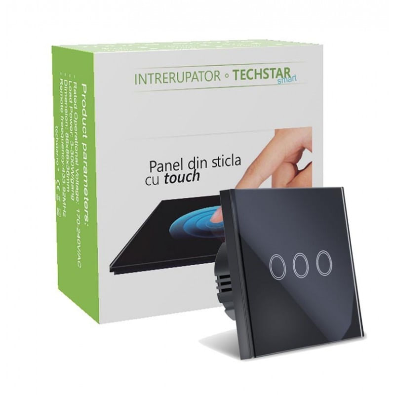 Intrerupator Touch Techstar®, Sticla Securizata, Design Modern, Iluminare LED, 3 Faze, Negru