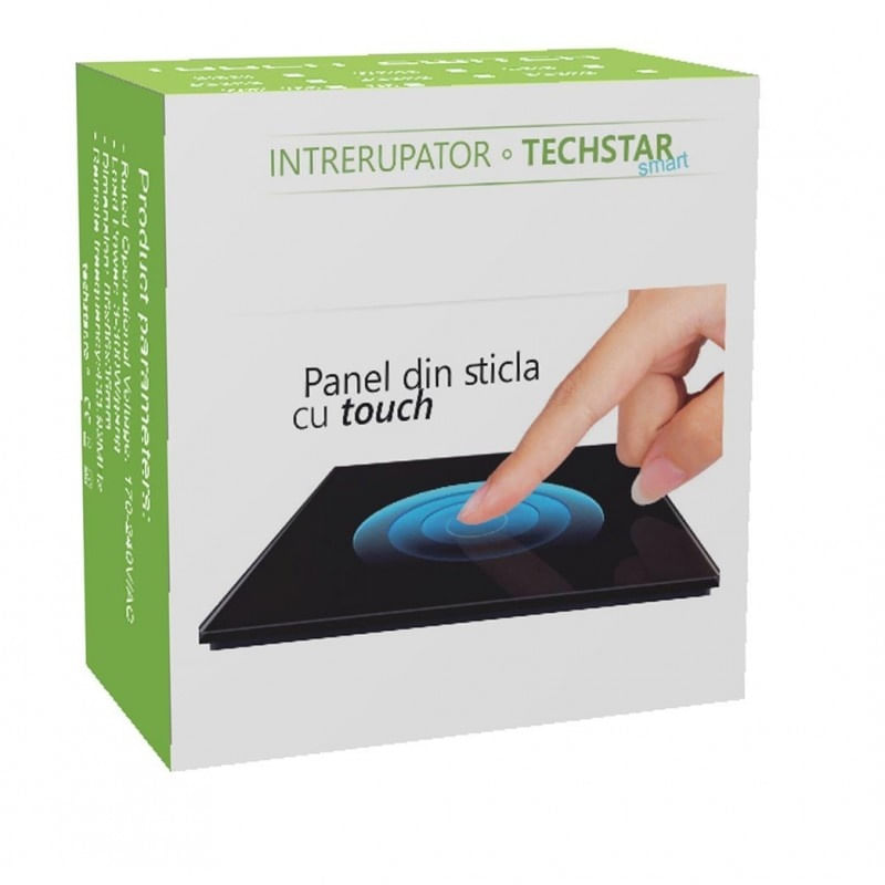 Intrerupator Touch Techstar® TG02, Sticla Securizata, Design Modern, Iluminare LED, 2 Faze, Gri