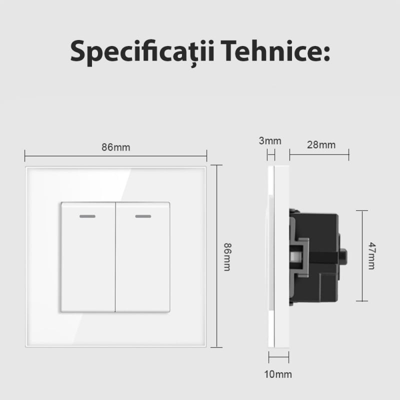 Intrerupator Dublu Cap Scara Cu Panou Din Sticla Securizata Techstar® TGS 01, 220V, 16A, 86 X 86 Mm, Alb, cu 2 Module