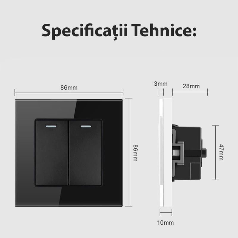 Intrerupator Dublu Cap Scara Cu Panou Din Sticla Securizata Techstar® TGS 01, 220V, 16A, 86 X 86 Mm, Negru, cu 2 Module - 2 | YEO